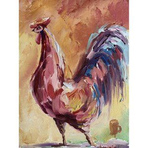 Rooster oil painting original 7”*9”on canvas red blue rooster art